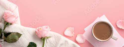 Valentine's Day design concept background with pink rose flower and milk tea on pink background.
