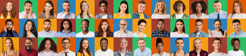Collage of multicultural people expressing different emotions, mosaic set Collage of multicultural people expressing different emotions, mosaic set