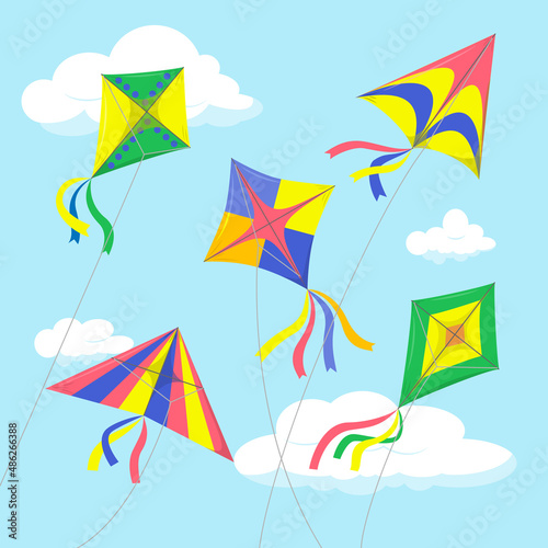 Flying kites among the clouds in the blue sky. Beautiful colorful devices made of paper and cardboard. Great for summer card, web page, flyer, invitation, print. Vector illustration