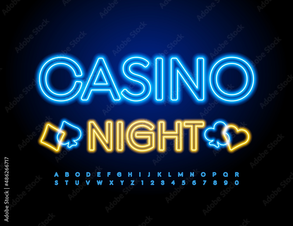 Fototapeta premium Vector neon flyer Casino Night. Led light Font. Blue glowing Alphabet Letters and Numbers set