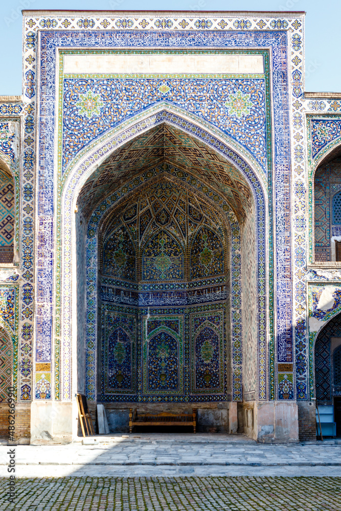 The inner courtyard of the  Sher-Dor Madrasah,  Registan, Samarkand,  Uzbekistan, Central Asia