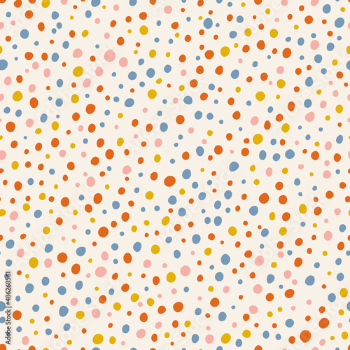 Colorful Polka Dots Vector Pattern. Abstract Doodle Stain Seamless Multicolor Background. Bright Retro Colors