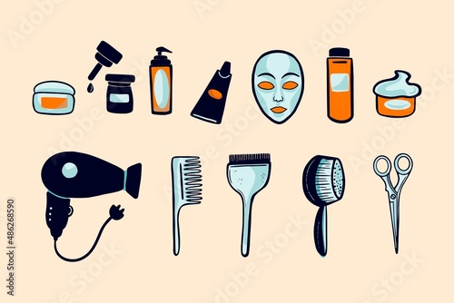 Set of tools for cutting, styling hair and skin care product.  Vector illustration.