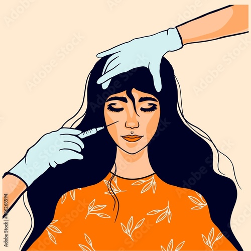 Hands of cosmetologists make medical injections of botox to a beautiful brunette woman. Skin lifting. Face care. Beauty salon and spa