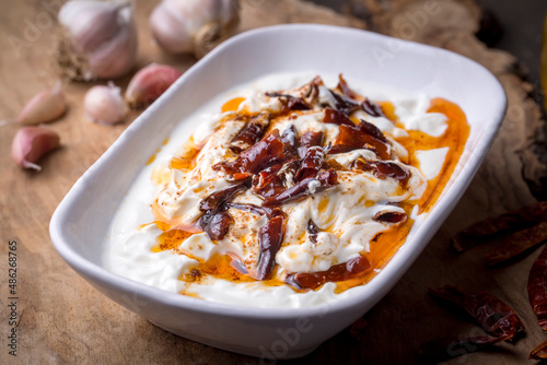 Traditional Turkish and Greek Meze with chili peppers. Turkish Appetizer Atom with yogurt. Turkish atom meze photo