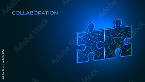 Merging puzzles. Concept for collaboration, integration and cooperation. Vector illustration in low poly style.