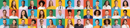 Creative Collage With Happy Faces Of Young Multiethnic People Over Colorful Backgrounds