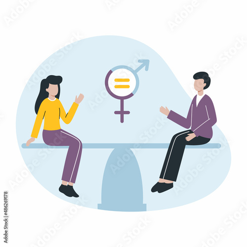 Man and woman are sitting on scale. Concept of gender equality. Feminism and sexual decriminalization.