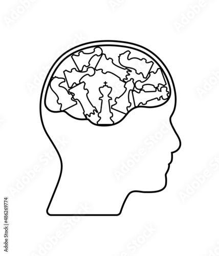 Human head, brain and chess pieces outline vector icon concept. Business concept vector illustration, to use in competition, business analysis, brainstorm, strategy, mental health projects.