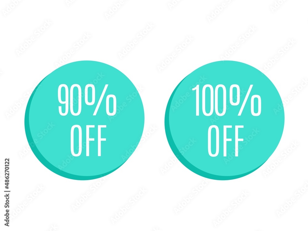 90% off and 100% off in turquoise sticker. Discount tag. 90% off and 100% off in turquoise sticker. Discount tag.