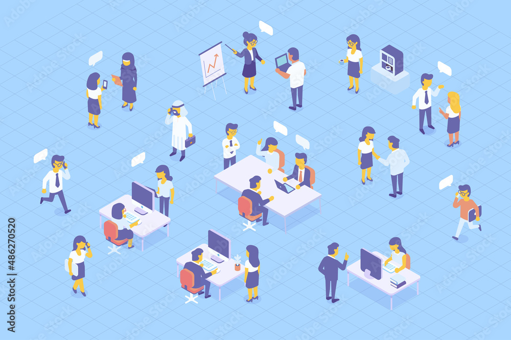 Cartoon Business People Characters in Coworking Place. Businessman and Businesswoman Working, Discussing and Meeting in Open Space Office. Flat Isometric Vector Illustration. Cartoon Business People Characters in Coworking Place. Businessman and Businesswoman Working, Discussing and Meeting in Open Space Office. Flat Isometric Vector Illustration.