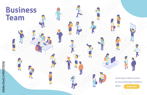 Cartoon Business People Characters in Coworking Place. Businessman and Businesswoman Working  Discussing and Meeting in Open Space Office. Flat Isometric Vector Illustration.