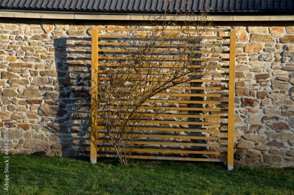trellises for climbing plants standing alone on the lawn near the stone
