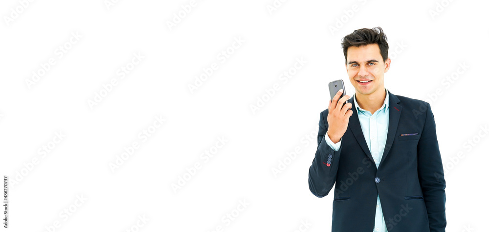 Naklejka premium Portrait young handsome man in suit hold smart phone mobile on white background with copy space for your promotional or text isolated on white background,