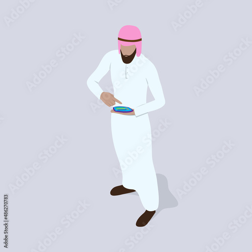 Man in arab traditional clothes stands with an electronic device in isometric view. Saudi person doing counting on tablet or phone.