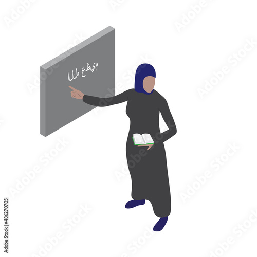 Woman in arab traditional clothes stands near the blackboard and holds a book in her hand. Muslim school teacher in isometric view.