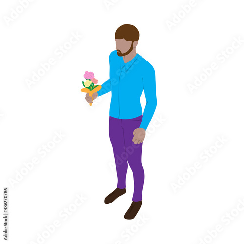 Guy in modern clothes holds a bouquet of flowers in his hand. Romantic man in isometric view. © PerepadiaY