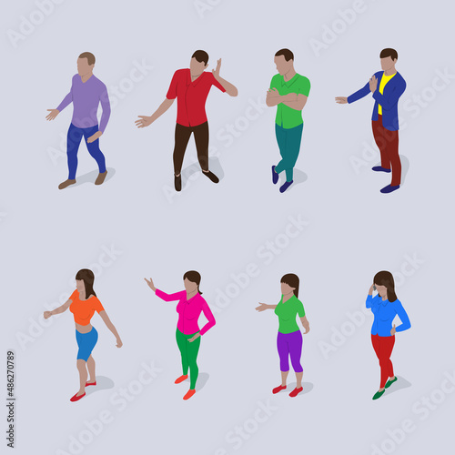Isometric people set. Men and women in modern clothes stand in different poses gesturing with their hands.