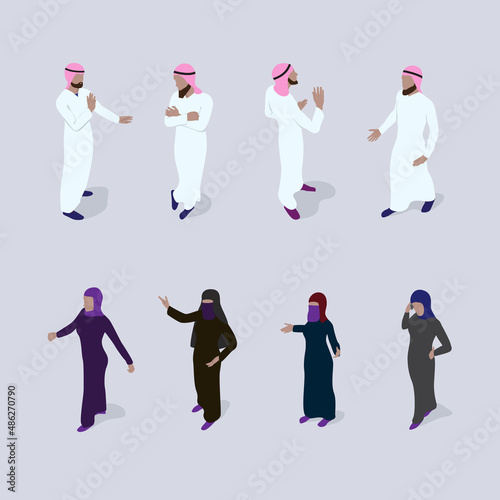 Isometric people set. Men and women in arab traditional clothes stand in different poses gesturing with their hands.