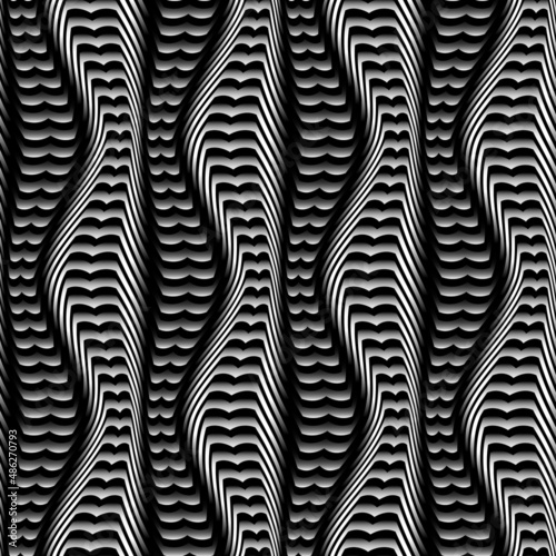Vector embossed repeatable pattern of silver decorative stripes. Optical art monochrome texture for wallpaper design.