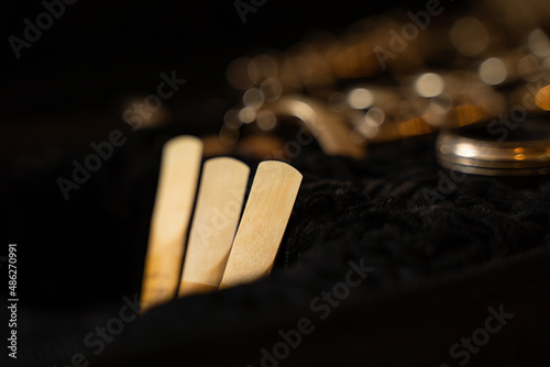 Klarinettenblätter stehen in einem Klarinettenkoffer mit einer Klarinette im Hintergrund photo