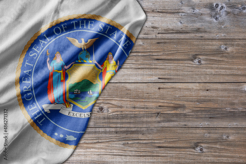 United States country state New York Seal on old wooden pattern table board