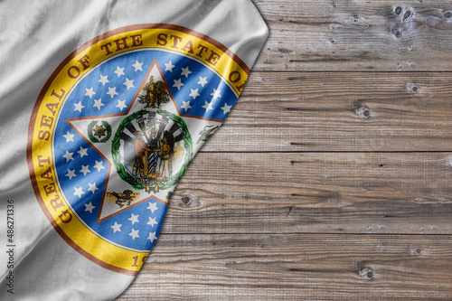 United States country state Oklahoma Seal on old wooden pattern table board