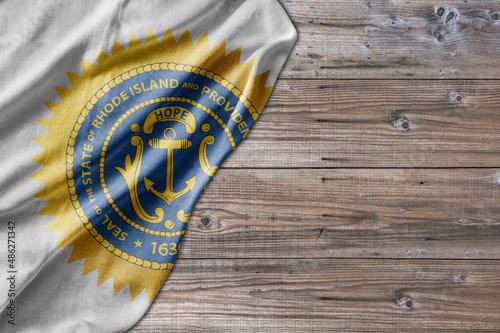 United States country state Rhode Island Seal on old wooden pattern table board