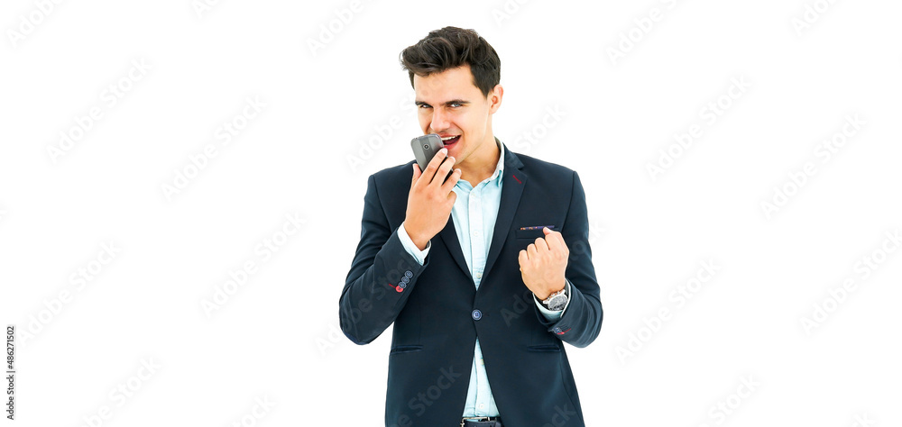 Portrait young handsome man in suit hold smart phone mobile on white background with copy space for your promotional or text isolated on white background,