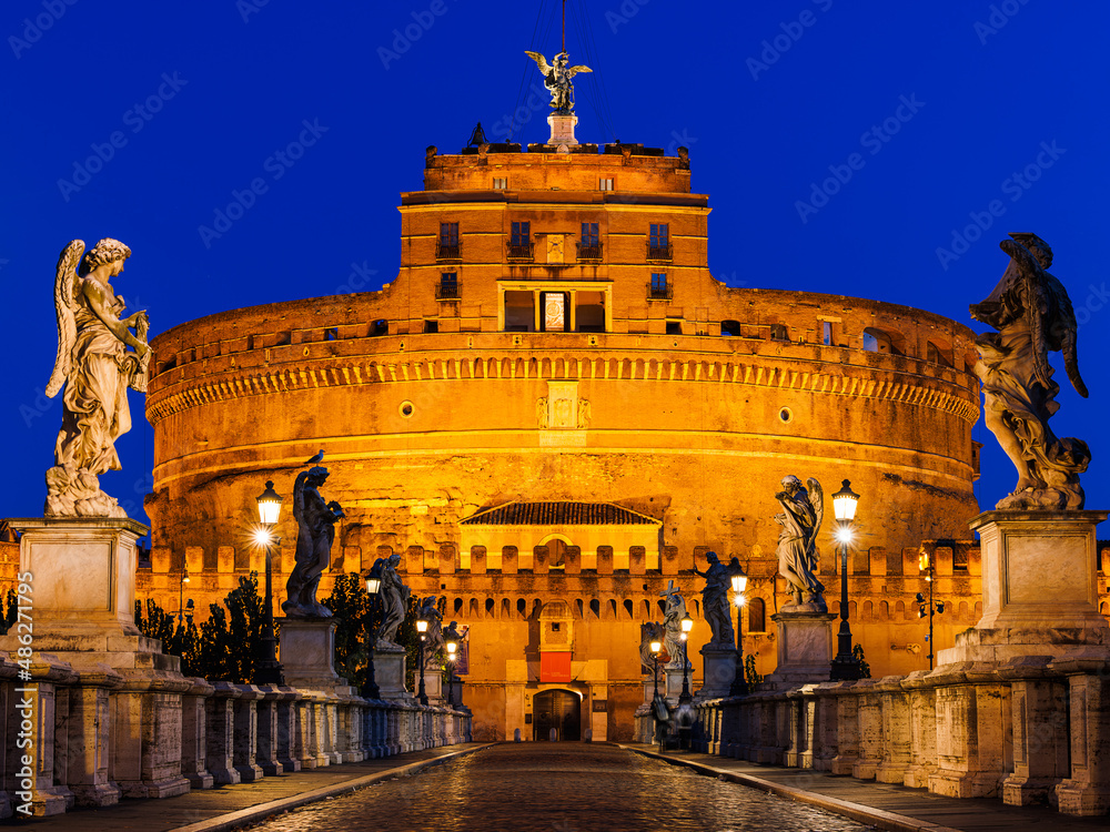 Exterior of Castel Sant'Angelo during blue hour in the early morning (Rome, Italy)