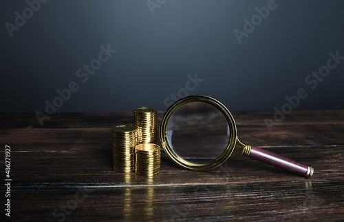 Coins and magnifying glass. Investigating capital origins. Search for investments, fund new business projects. Deposit or loan terms conditions. Accounting audit. Cost cutting, budget optimization.