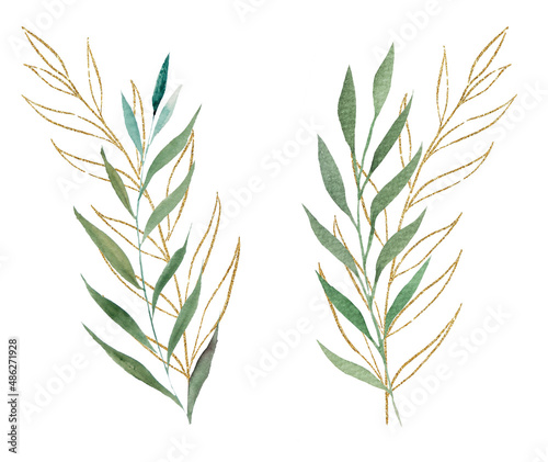 Green and Golden watercolor botanical leaves illustration