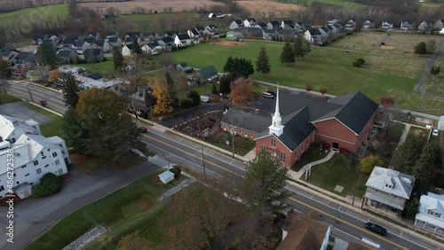 Boonsboro, Maryland USA. Aerial View of Mt Nebo United Methodist Church and Traffic on Main Streetm US-40 Alternate Route, Drone Shot photo