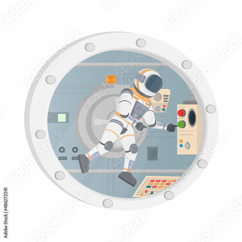 Astronaut controls a spacecraft. Control panel setup, vector illustration