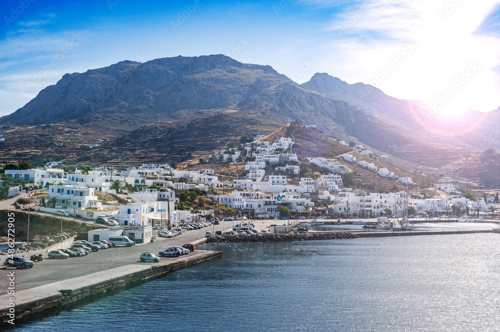 View of Livadi Port with white houses - Livadi, Serifos, Cyclades, Greece