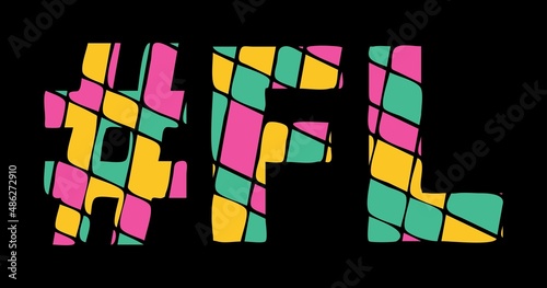 FL Hashtag. Tricolor isolated letters from contrast flowing fluid shapes. 3 colored Hashtag #FL is abbreviation for the US American state Florida for social network, web resources, mobile app