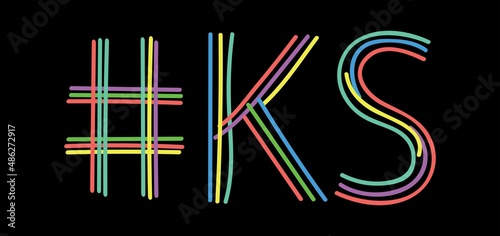 KS Hashtag. Isolate neon doodle lettering text from multi-colored curved neon lines like from a felt-tip pen, pensil. #KS is abbreviation for the US America state Kansas