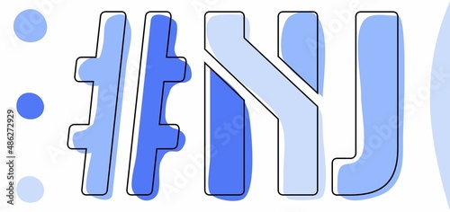 NJ Hashtag. Isolate curves doodle letters. Blue colors. Hashtag #NJ is abbreviation for the US American state New Jersey for social network, web resources, mobile apps.