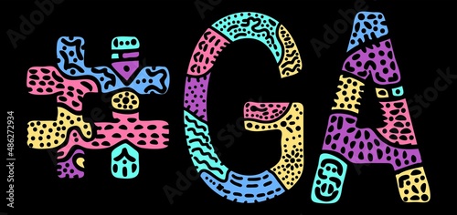 GA Hashtag. Multicolored bright isolate curves doodle letters. Hashtag #GA is abbreviation for the US American state Georgia for social network, web resources, mobile apps.