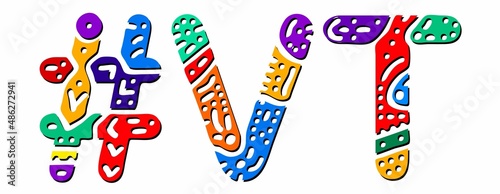 VT Hashtag. Multicolored bright isolate curves doodle letters. Hashtag #VT is abbreviation for the US American state Vermont for social network, web resources, mobile apps.