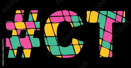 CT Hashtag. Tricolor isolated letters from contrast flowing fluid shapes. 3 colored Hashtag #CT is abbreviation for the US American state Connecticut for social network, web resources, mobile app