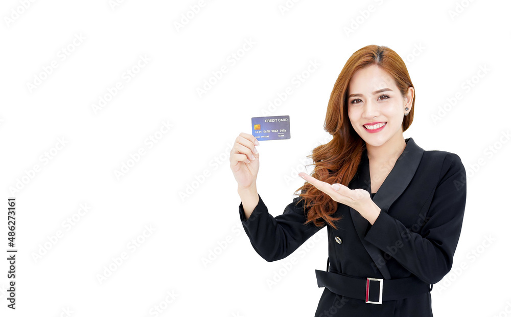 business asian woman wearing black suit smile feeling happy holding a credit card, payment credit card for confident lifestyle concept. business asian woman wearing black suit smile feeling happy holding a credit card, payment credit card for confident lifestyle concept.