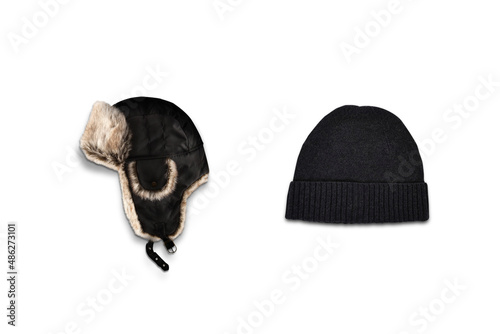 Black Winter knitted hat and hat with ears flaps mockups isolated on a white background. 3d rendering. unisex wear.