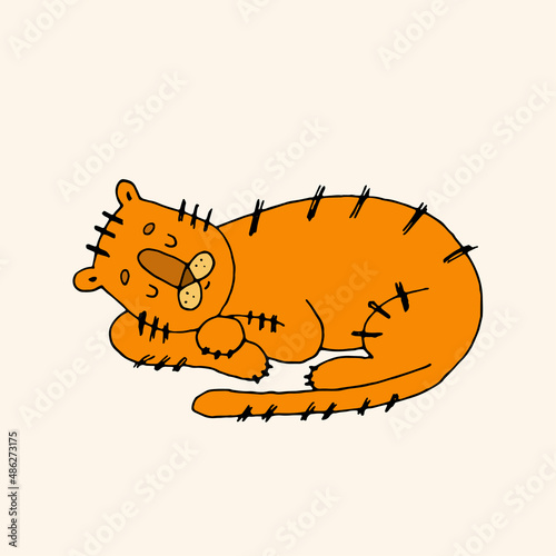 Sleeping tiger. Wild animal. Predator. Cat family. Vector hand-drawn illustration. Doodle.