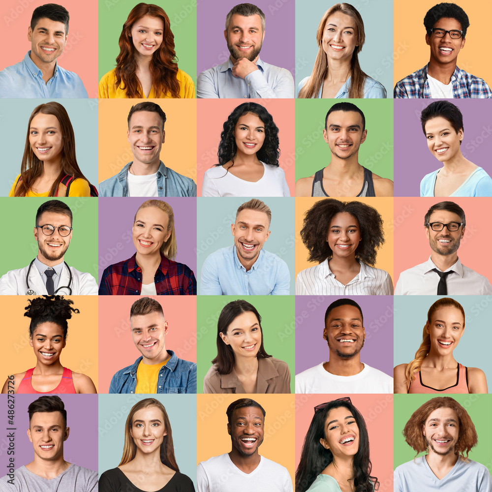 Happy Faces. Set Of Smiling Multicultural People Posing Over Bright Backdrops Happy Faces. Set Of Smiling Multicultural People Posing Over Bright Backdrops