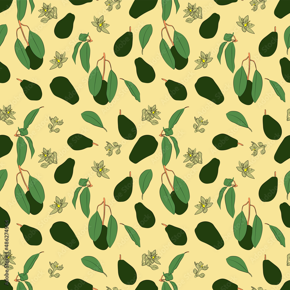 A set of seamless patterns of avocados, leaves, fruits and flowers, 1000x1000 pixels, color version. A set of seamless patterns of avocados, leaves, fruits and flowers, 1000x1000 pixels, color version.