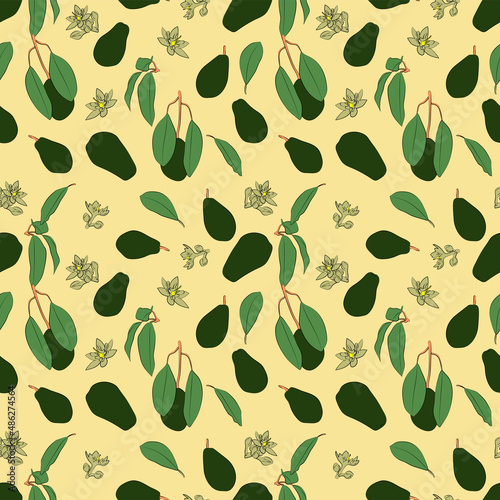 A set of seamless patterns of avocados, leaves, fruits and flowers, 1000x1000 pixels, color version.