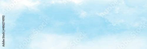 Panorama view watercolor blue sky with white clouds texture background.