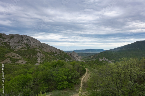 View of the road in the gorge of the Echki-Daga mountain. Picturesque view of the Crimean mountains. Fox Bay. Crimea.