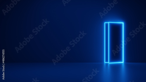 A slightly open neon door to another dimension on the right of a dark blue room. 3D illustration.